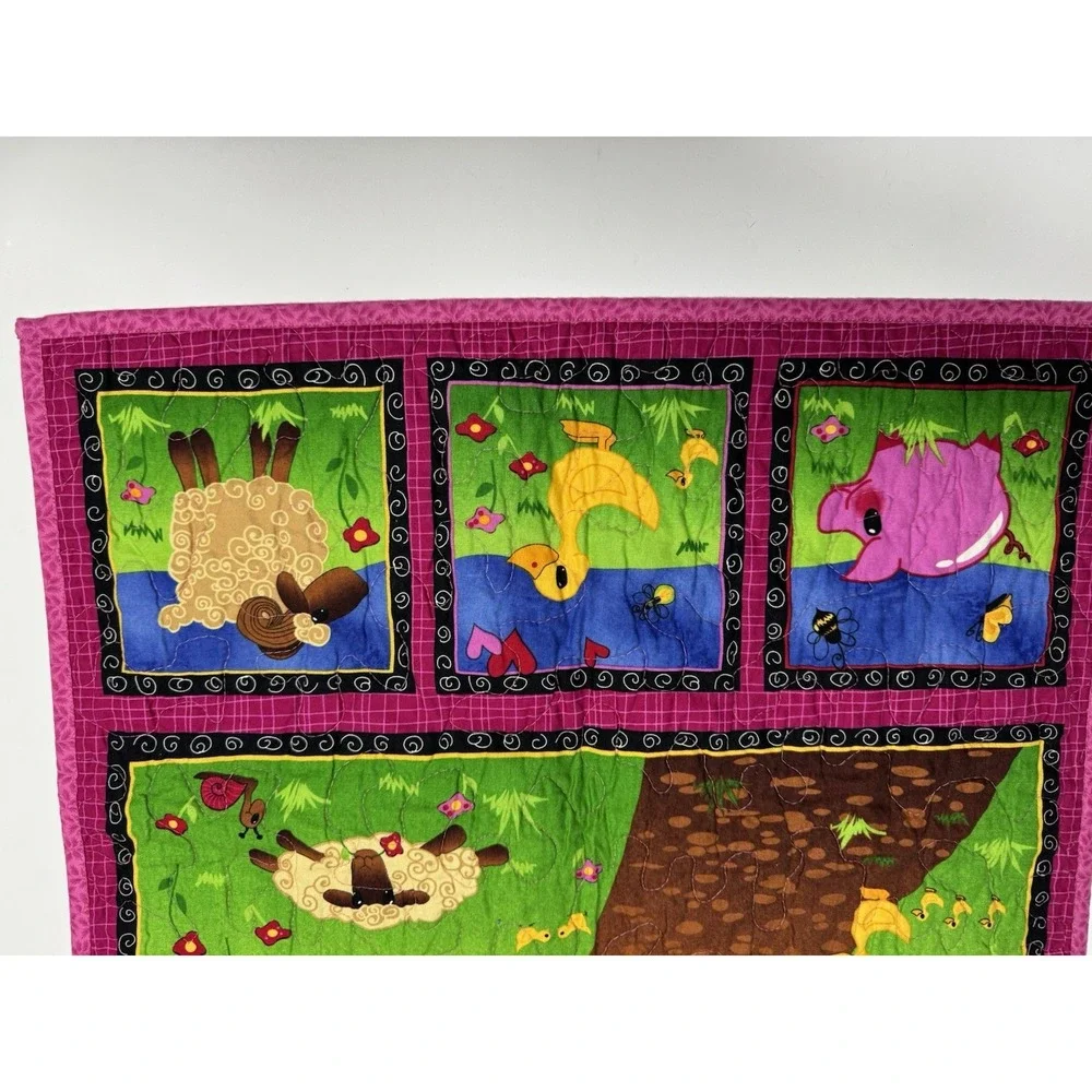 Vintage Handquilted Baby Quilt-Farm Animals~Cow Ducks Chicken Horse~39 x 21.5 In